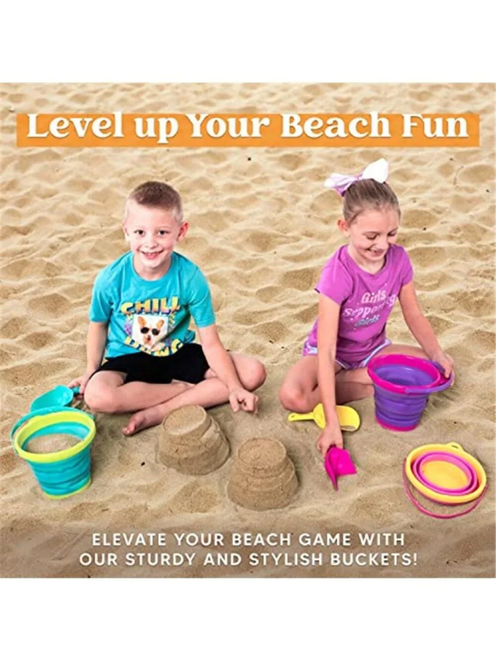 Foldable Beach Bucket Set - 3 Packs Collapsible Toy Buckets with Shovels